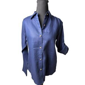100% Linen Ralph Lauren Gold Button Down Roll Tab Sleeve Top Old Money SM